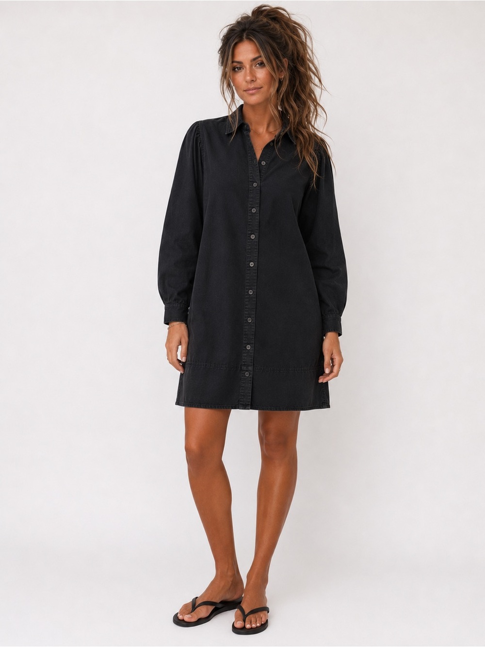 J. Crew XS Washed Black Puff Sleeve Shirt Dress
